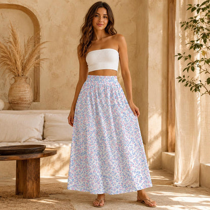 Pastel Floral Maxi Skirt, Blue Pink Meadow Print, Soft Spring Outfits