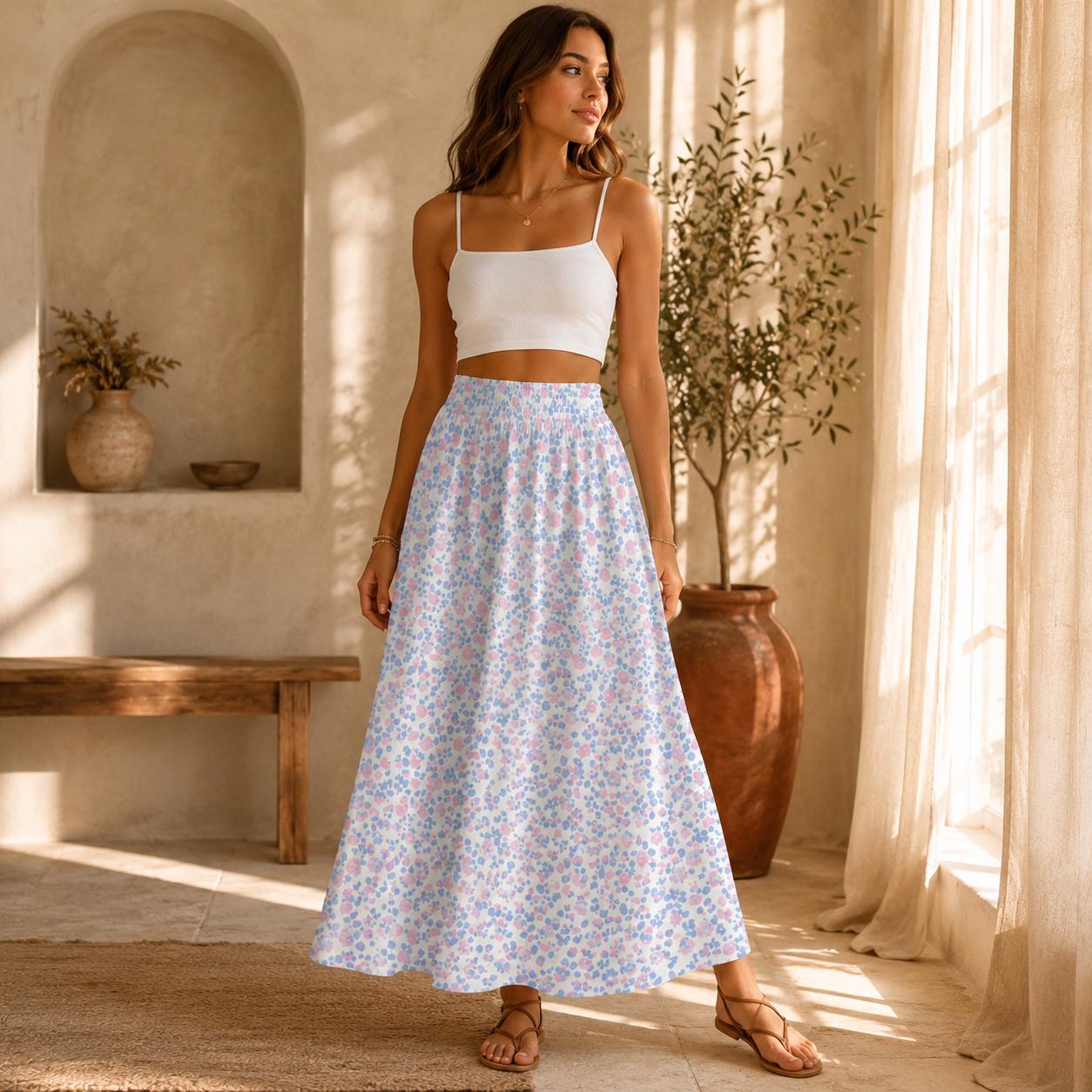 Pastel Floral Maxi Skirt, Blue Pink Meadow Print, Soft Spring Outfits