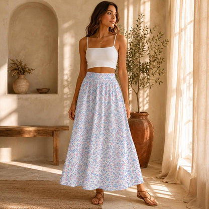 Pastel Floral Maxi Skirt, Blue Pink Meadow Print, Soft Spring Outfits