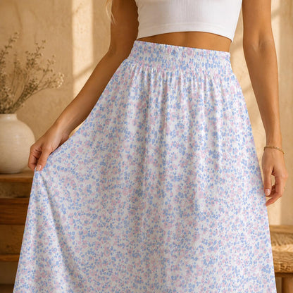 Pastel Floral Maxi Skirt, Blue Pink Meadow Print, Soft Spring Outfits