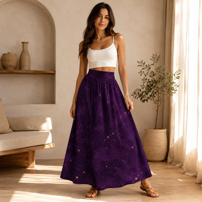 Purple Star Print Maxi Skirt, Celestial High Waist A Line, Cosmic Boho Festival Style