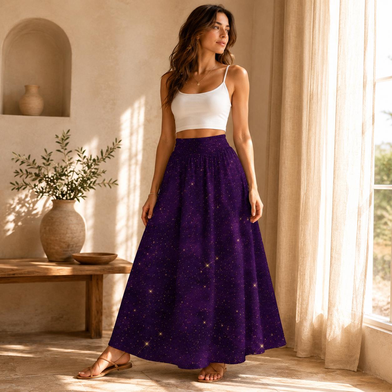 Purple Star Print Maxi Skirt, Celestial High Waist A Line, Cosmic Boho Festival Style