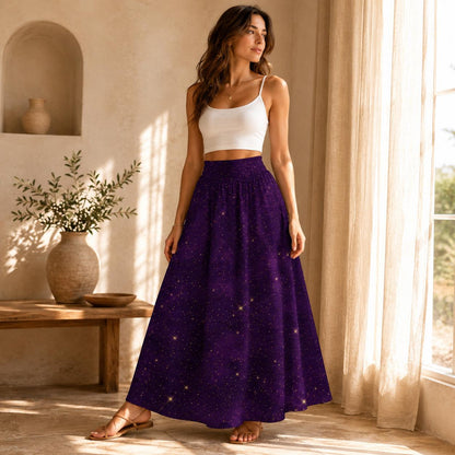 Purple Star Print Maxi Skirt, Celestial High Waist A Line, Cosmic Boho Festival Style
