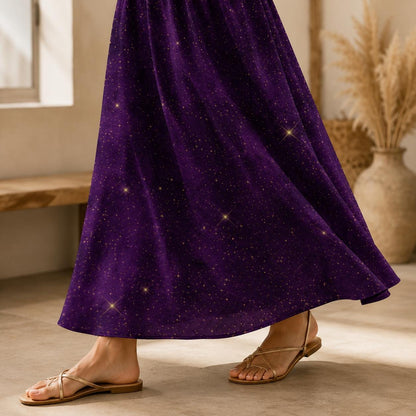 Purple Star Print Maxi Skirt, Celestial High Waist A Line, Cosmic Boho Festival Style