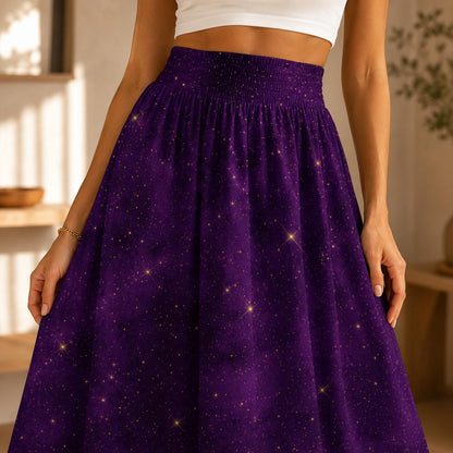 Purple Star Print Maxi Skirt, Celestial High Waist A Line, Cosmic Boho Festival Style