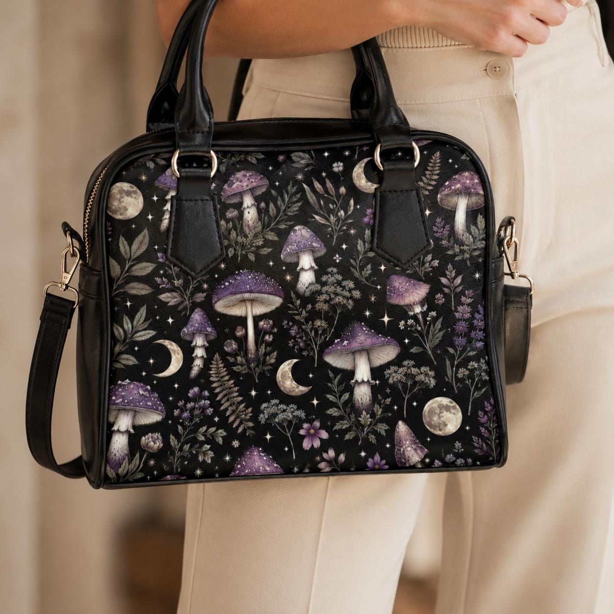 Mushroom Moon Forest Print Handbag, Black Fairycore Crossbody Satchel