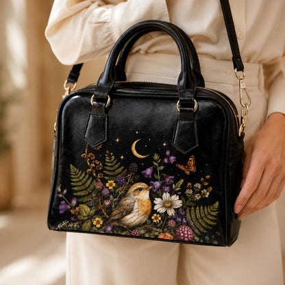 Bird Floral Handbag, Robin Moon Stars Dark Cottagecore Shoulder Bag