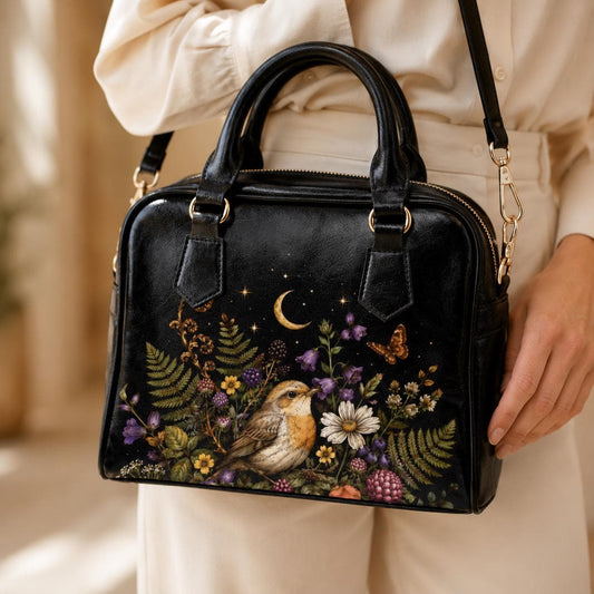 Bird Floral Handbag, Robin Moon Stars Dark Cottagecore Shoulder Bag