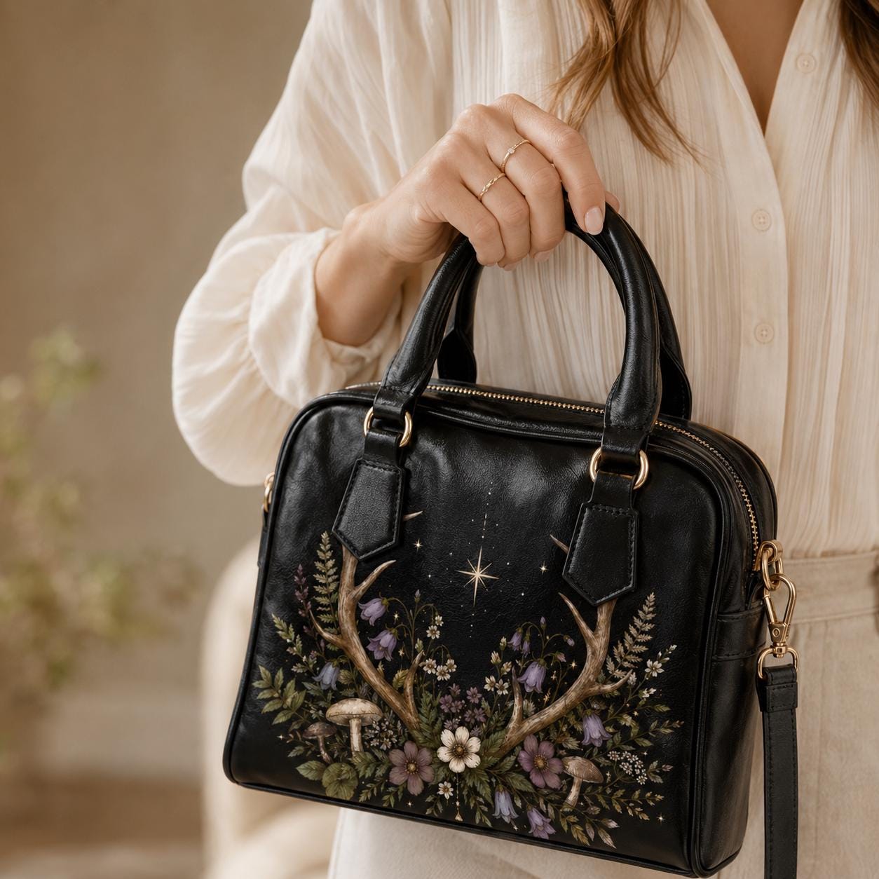 Antler Wildflower Satchel Bag, Forest Witch Mushroom Fern Celestial Print Purse