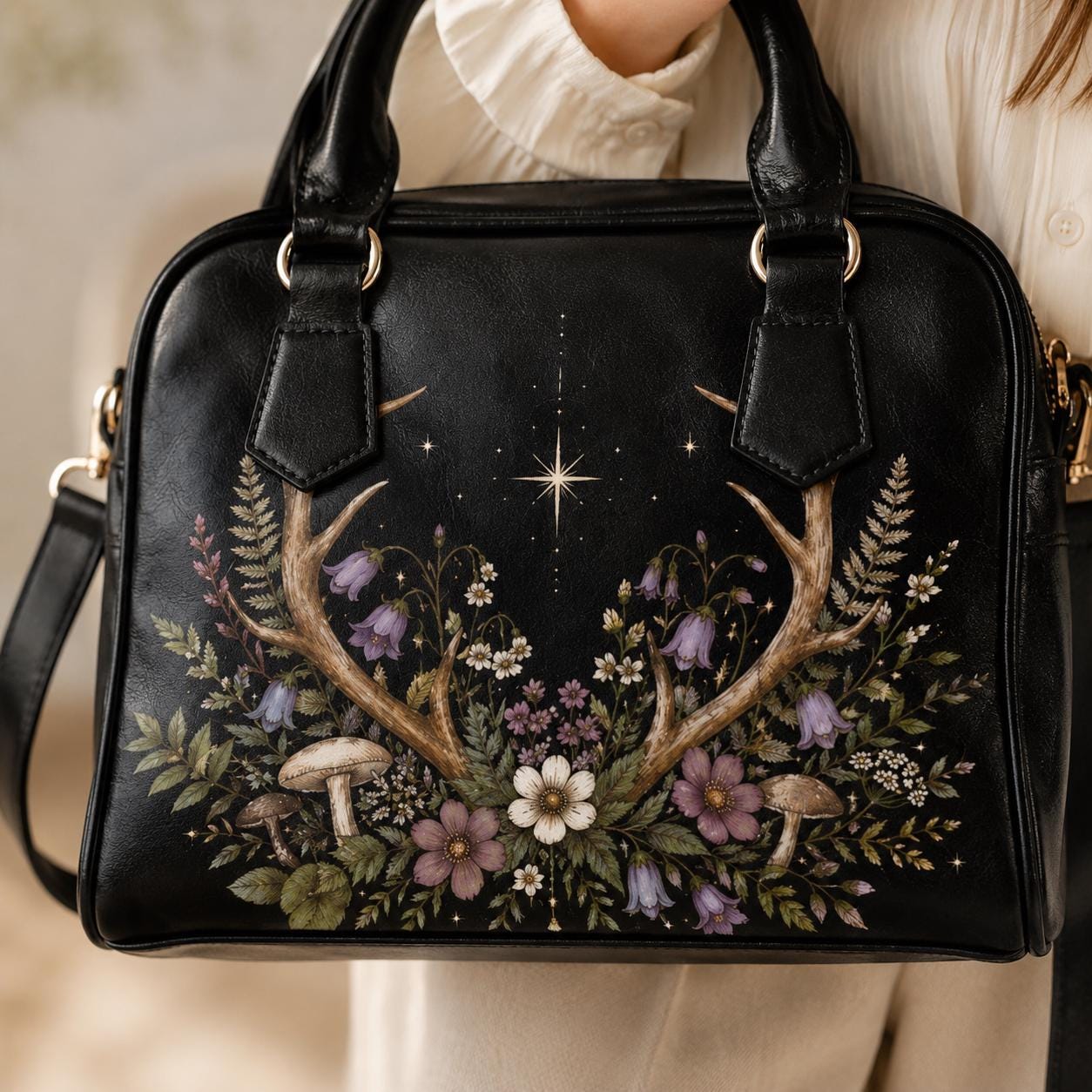 Antler Wildflower Satchel Bag, Forest Witch Mushroom Fern Celestial Print Purse