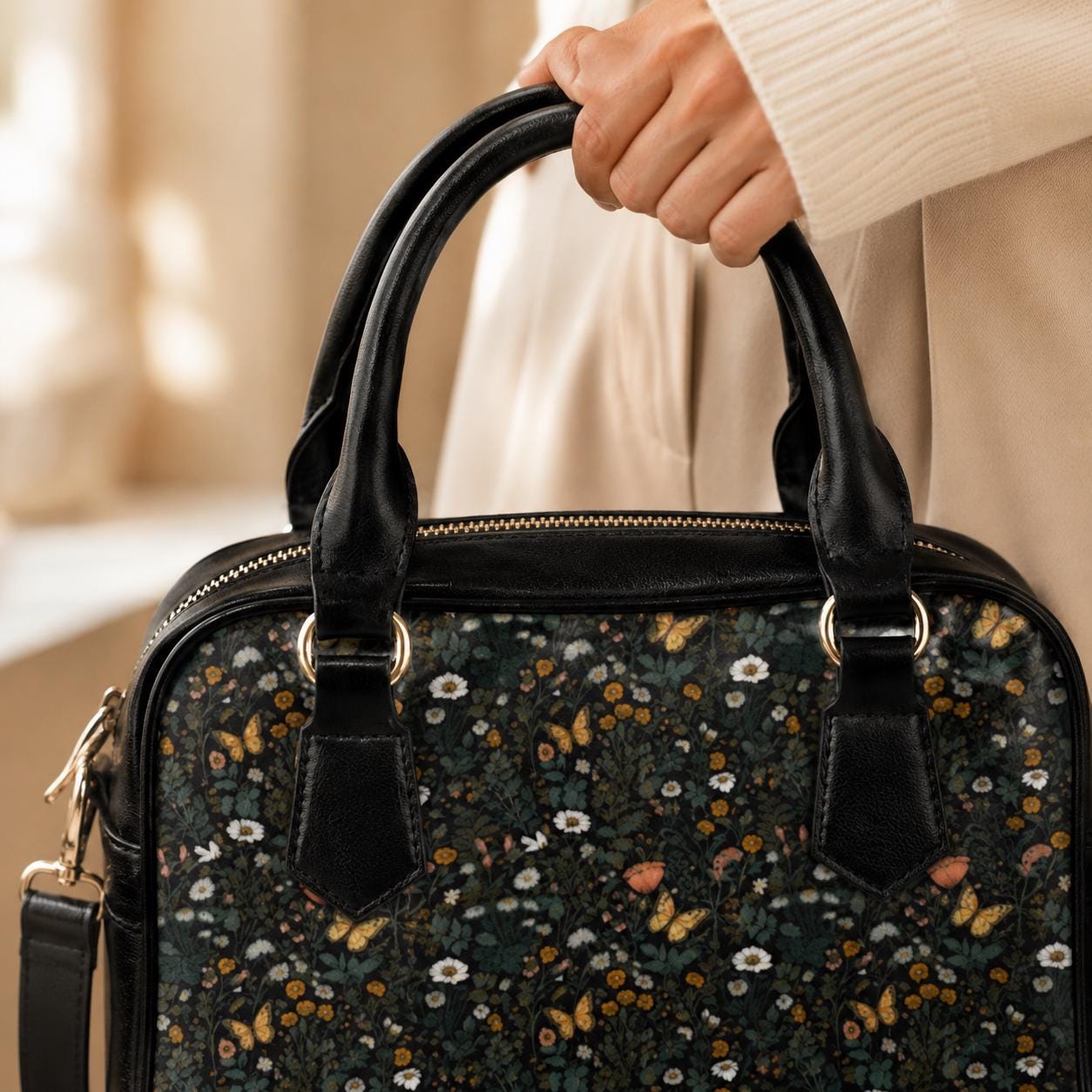 Dark Floral Butterfly Daisy Satchel Purse, Moody Cottagecore Crossbody Handbag