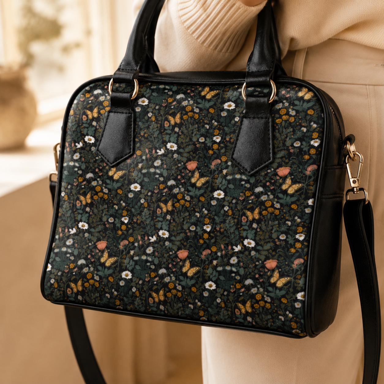 Dark Floral Butterfly Daisy Satchel Purse, Moody Cottagecore Crossbody Handbag