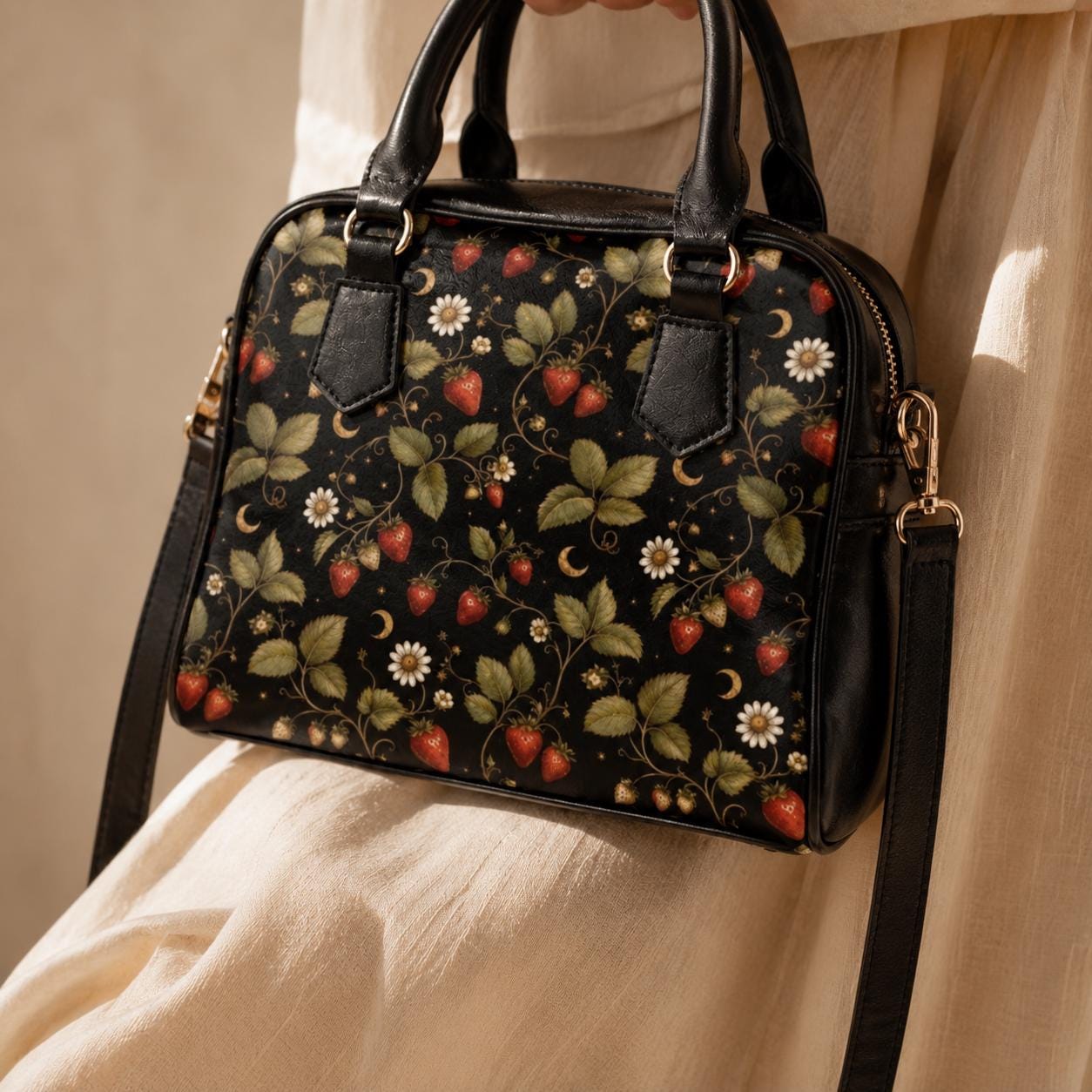 Strawberry Daisy Vine Satchel Handbag, Cottagecore Black Crossbody Bag