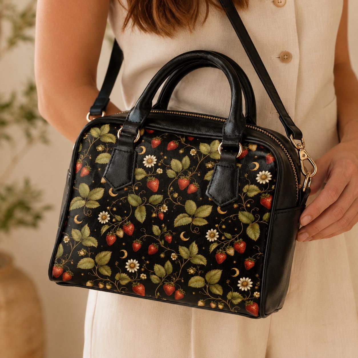 Strawberry Daisy Vine Satchel Handbag, Cottagecore Black Crossbody Bag