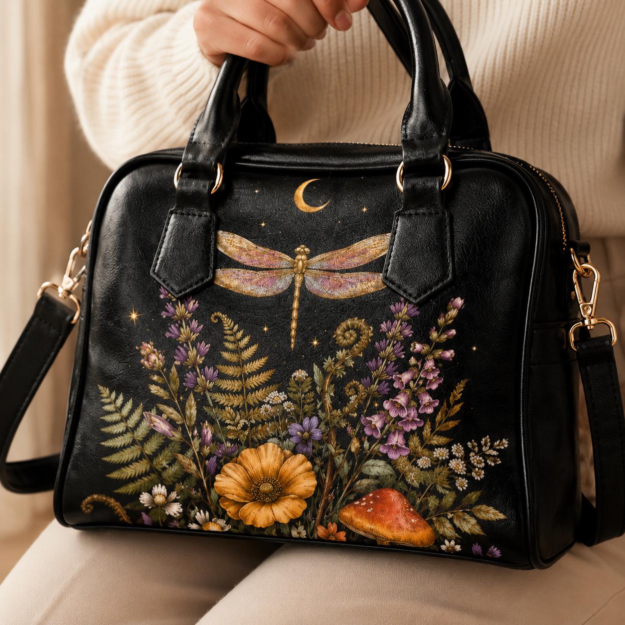 Dragonfly Moon Faux Leather Handbag, Dark Botanical Print Shoulder Bag