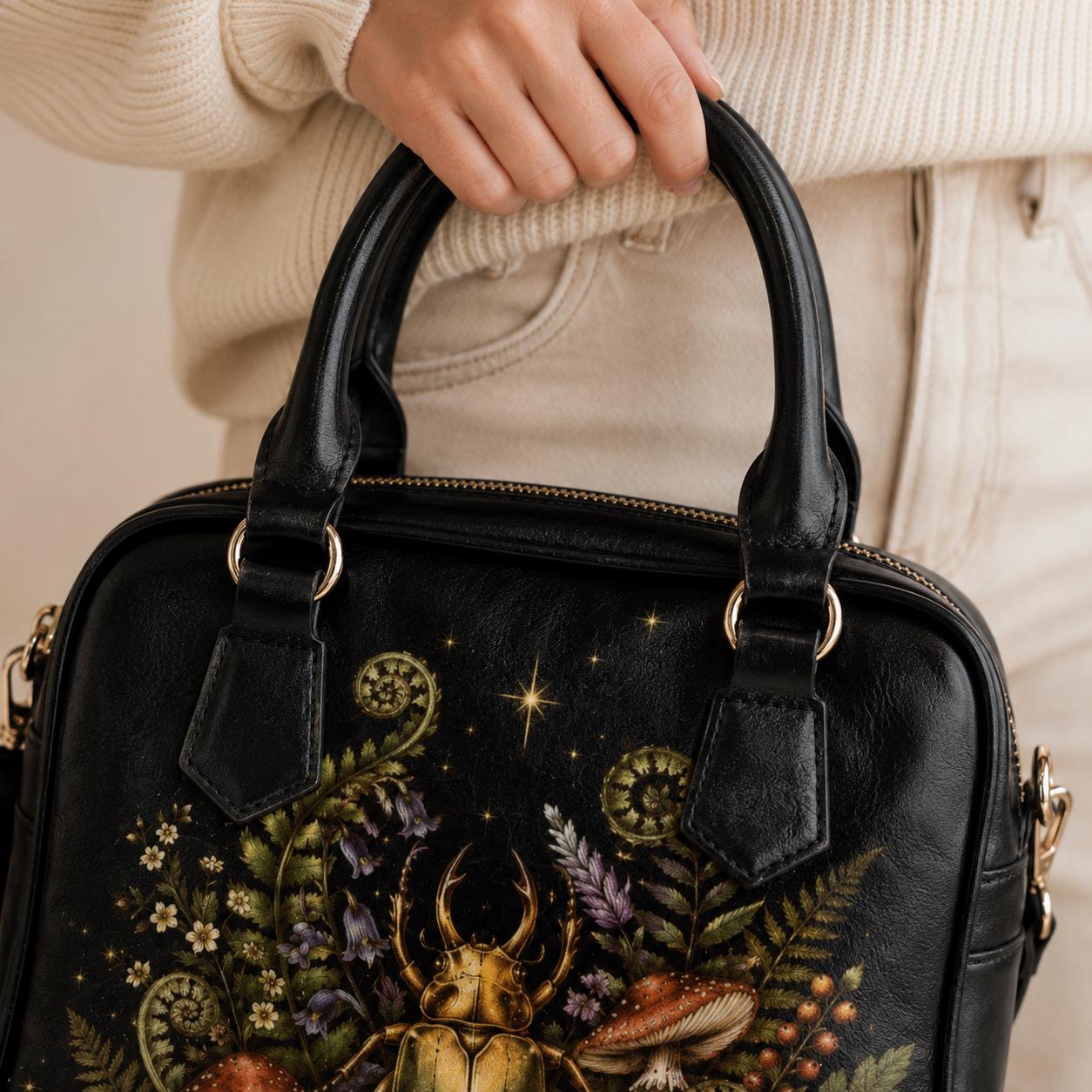 Beetle Mushroom Handbag, Dark Forest Botanical Shoulder Bag, Vegan Leather Crossbody Purse