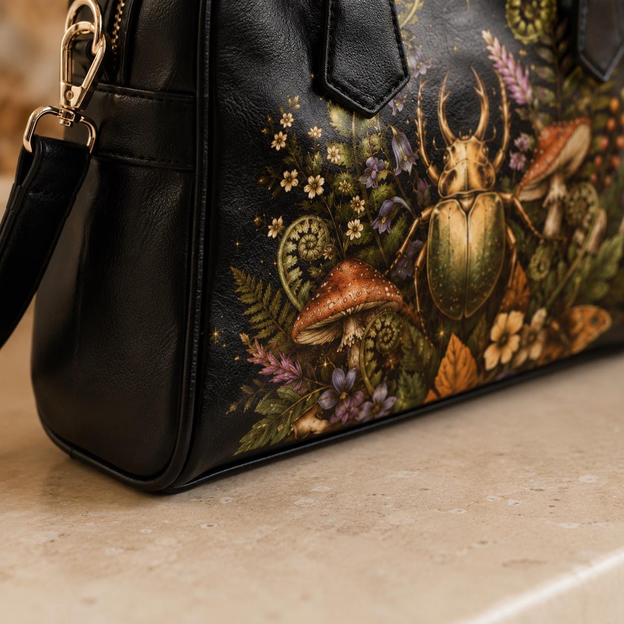 Beetle Mushroom Handbag, Dark Forest Botanical Shoulder Bag, Vegan Leather Crossbody Purse
