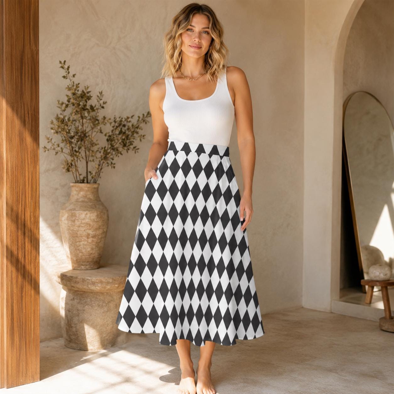Checkered Midi Skirt with Pockets, Black White Harlequin Print, Mod Y2K Style