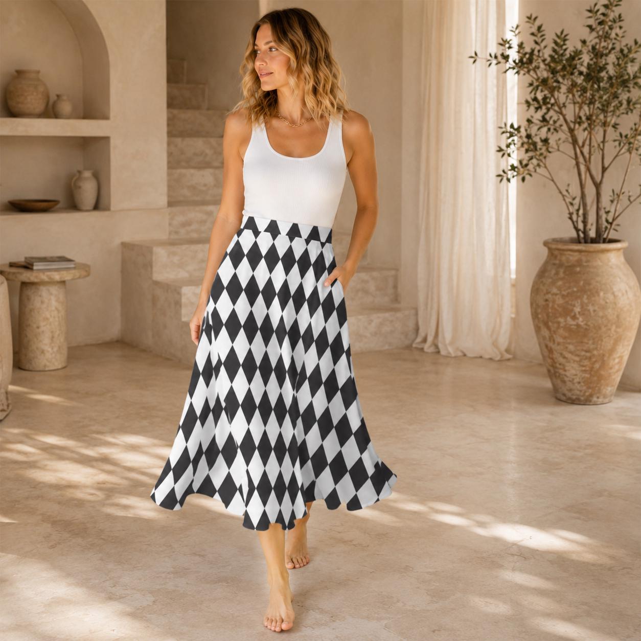 Checkered Midi Skirt with Pockets, Black White Harlequin Print, Mod Y2K Style