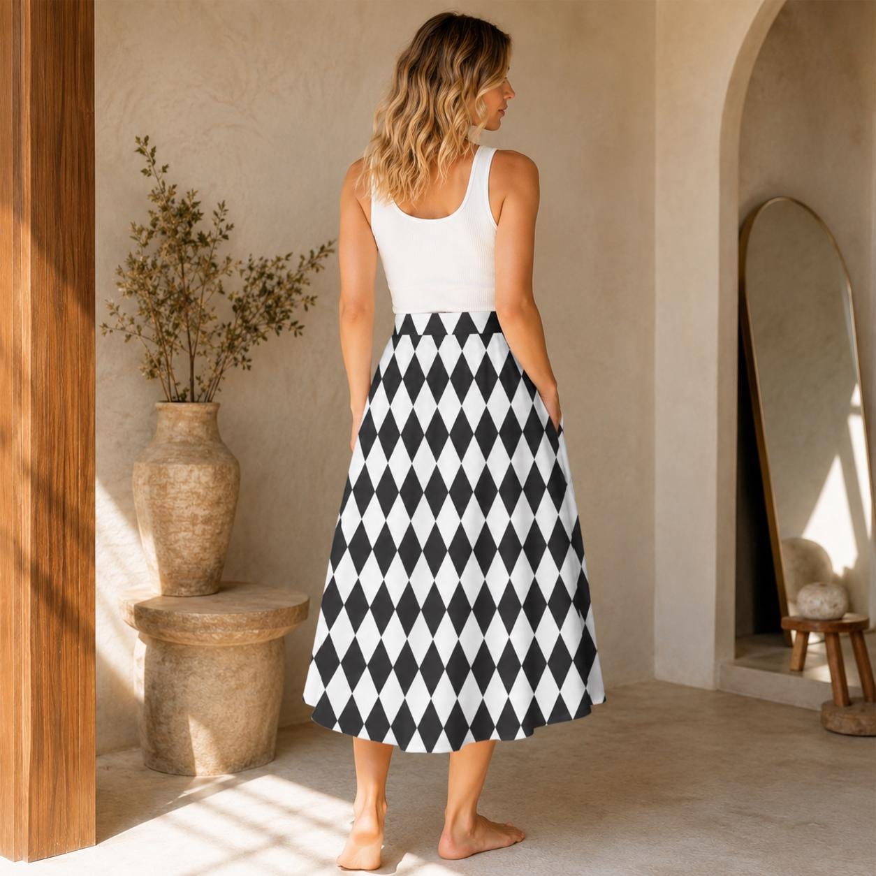Checkered Midi Skirt with Pockets, Black White Harlequin Print, Mod Y2K Style