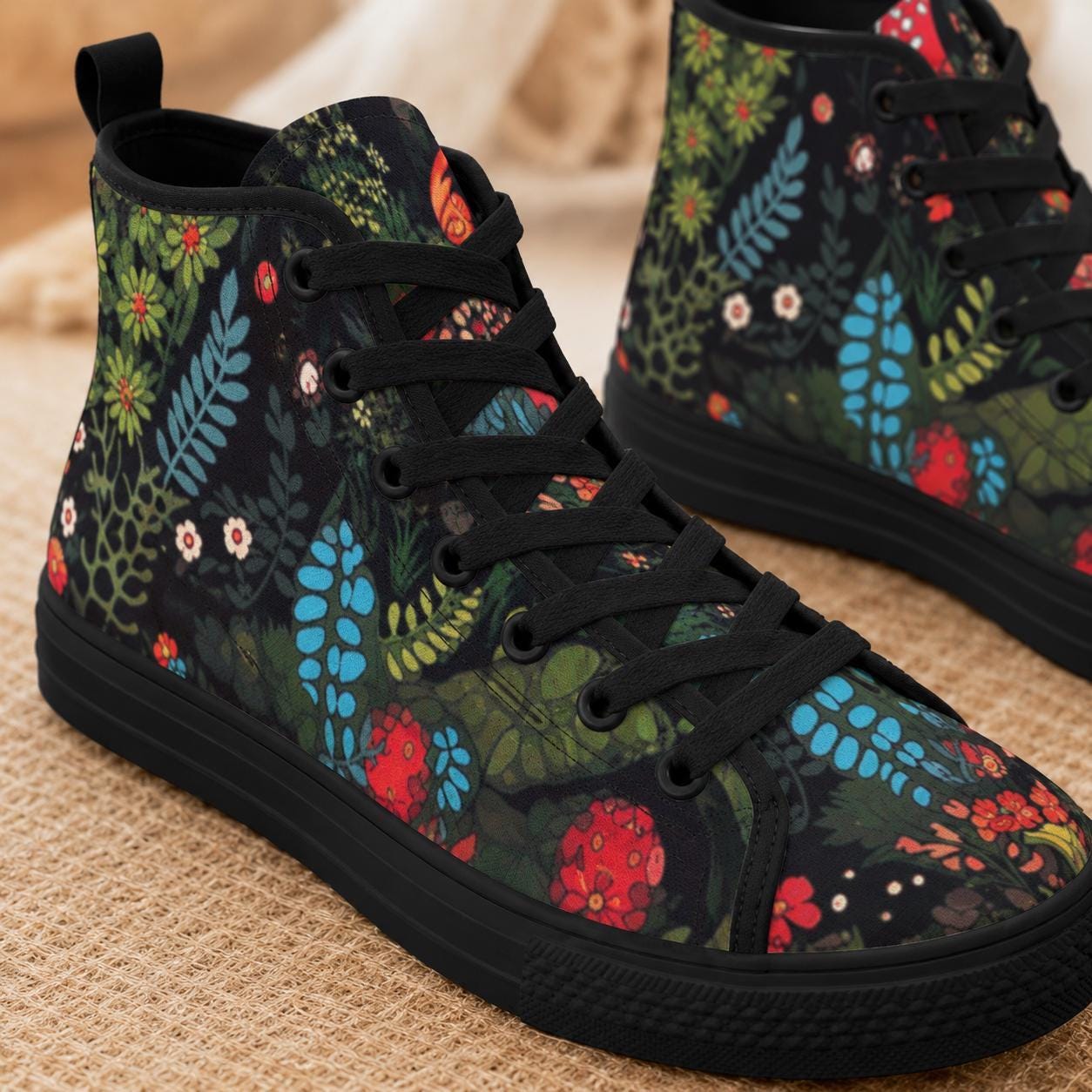 Botanical High Top Sneakers, Folk Art Wildflower Print Canvas Shoes