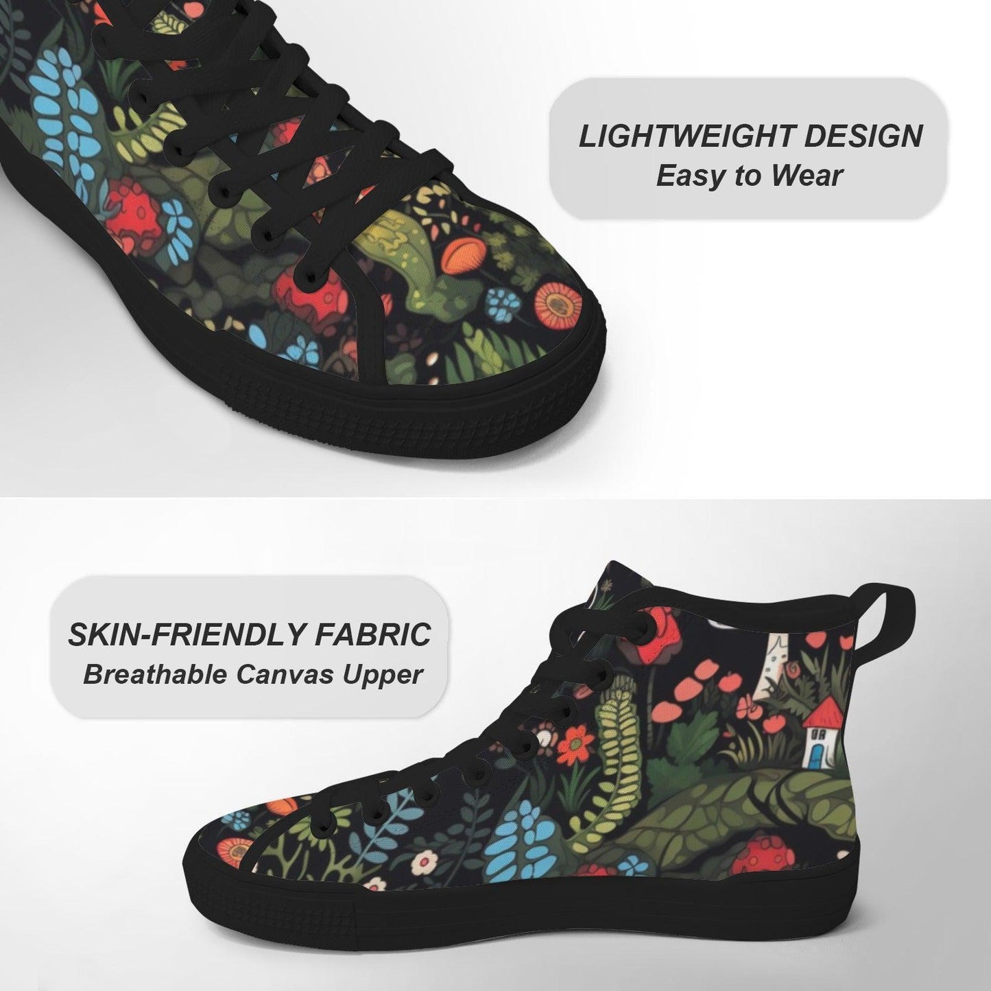 Botanical High Top Sneakers, Folk Art Wildflower Print Canvas Shoes
