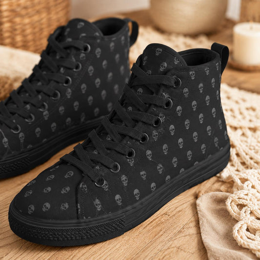 Black Skull Print High Top Sneakers, Gothic Lace Up Alternative Shoes