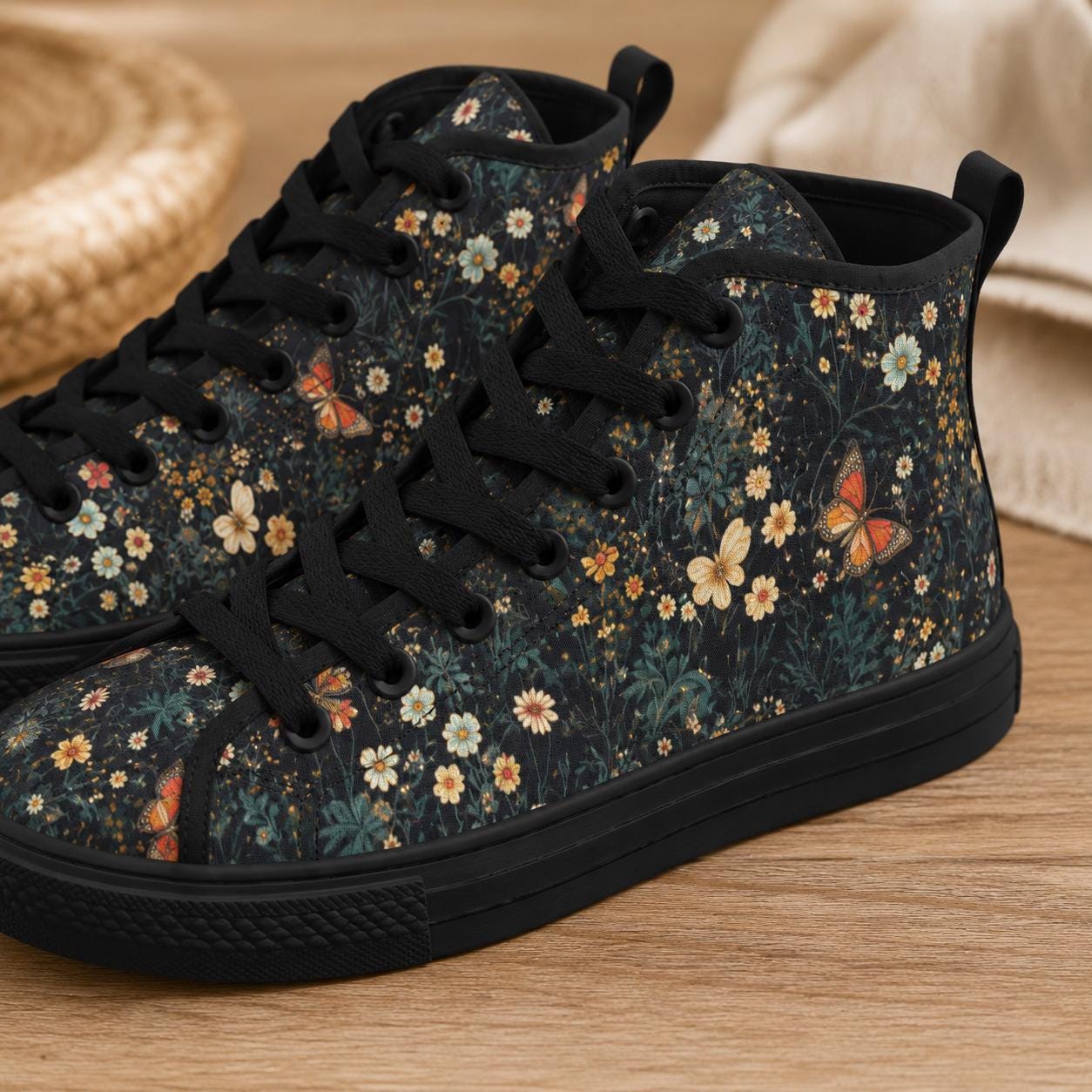 Dark Floral Butterfly High Top Sneakers, Cottagecore Botanical Lace Up Shoes