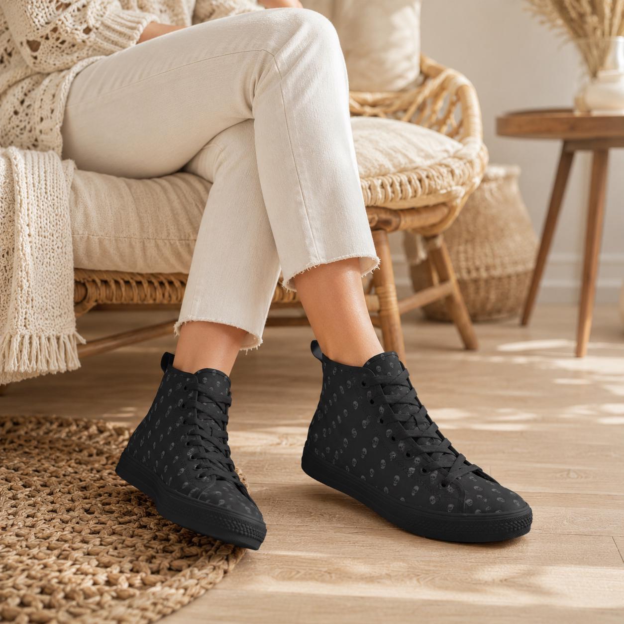 Black Skull Print High Top Sneakers, Gothic Lace Up Alternative Shoes
