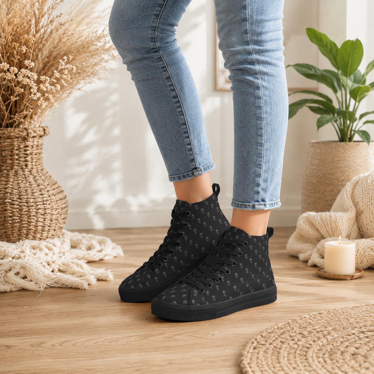 Black Skull Print High Top Sneakers, Gothic Lace Up Alternative Shoes