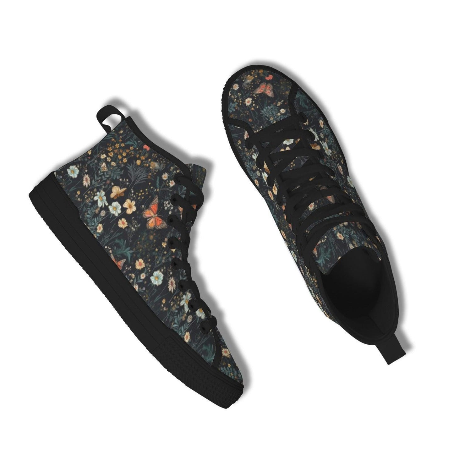 Dark Floral Butterfly High Top Sneakers, Cottagecore Botanical Lace Up Shoes
