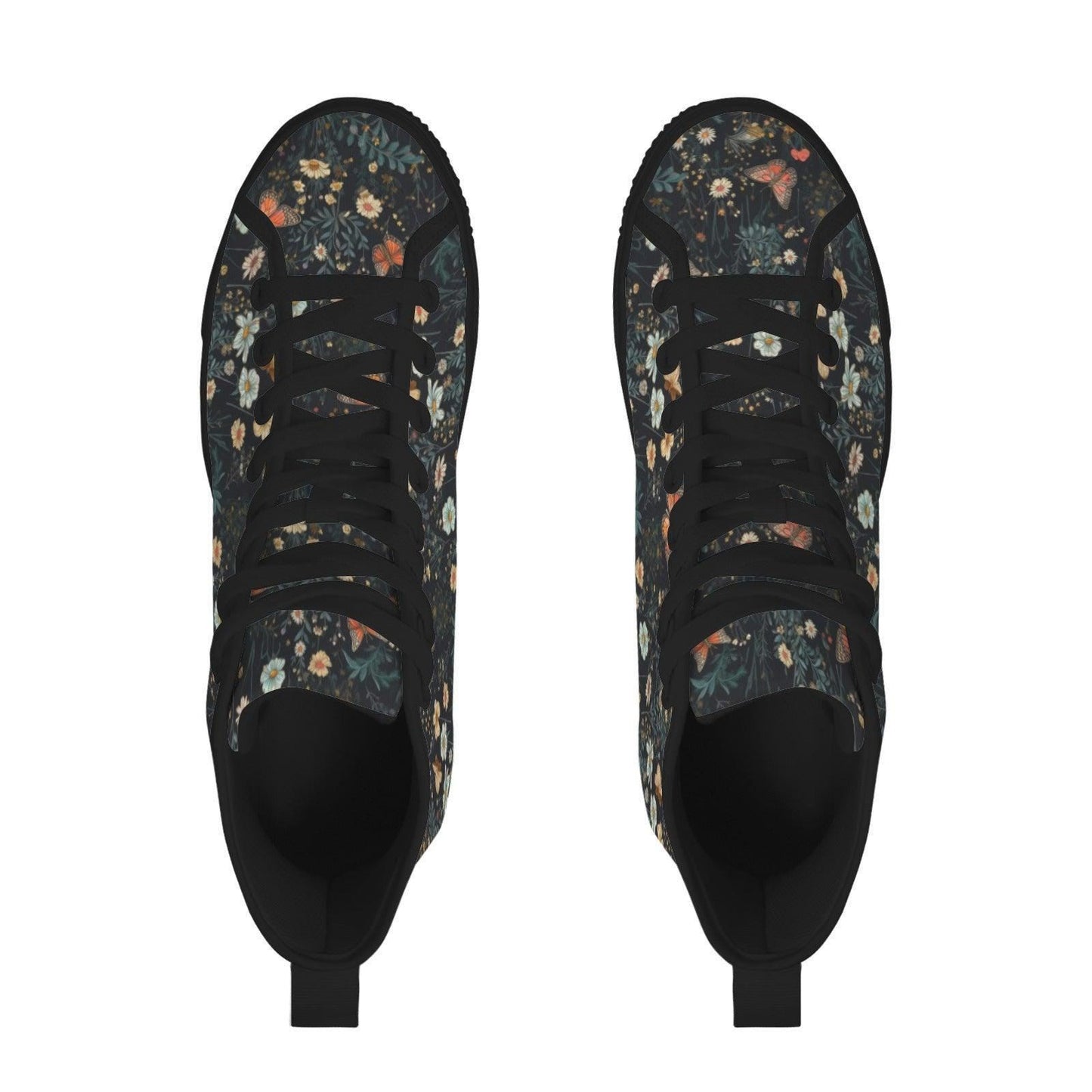 Dark Floral Butterfly High Top Sneakers, Cottagecore Botanical Lace Up Shoes
