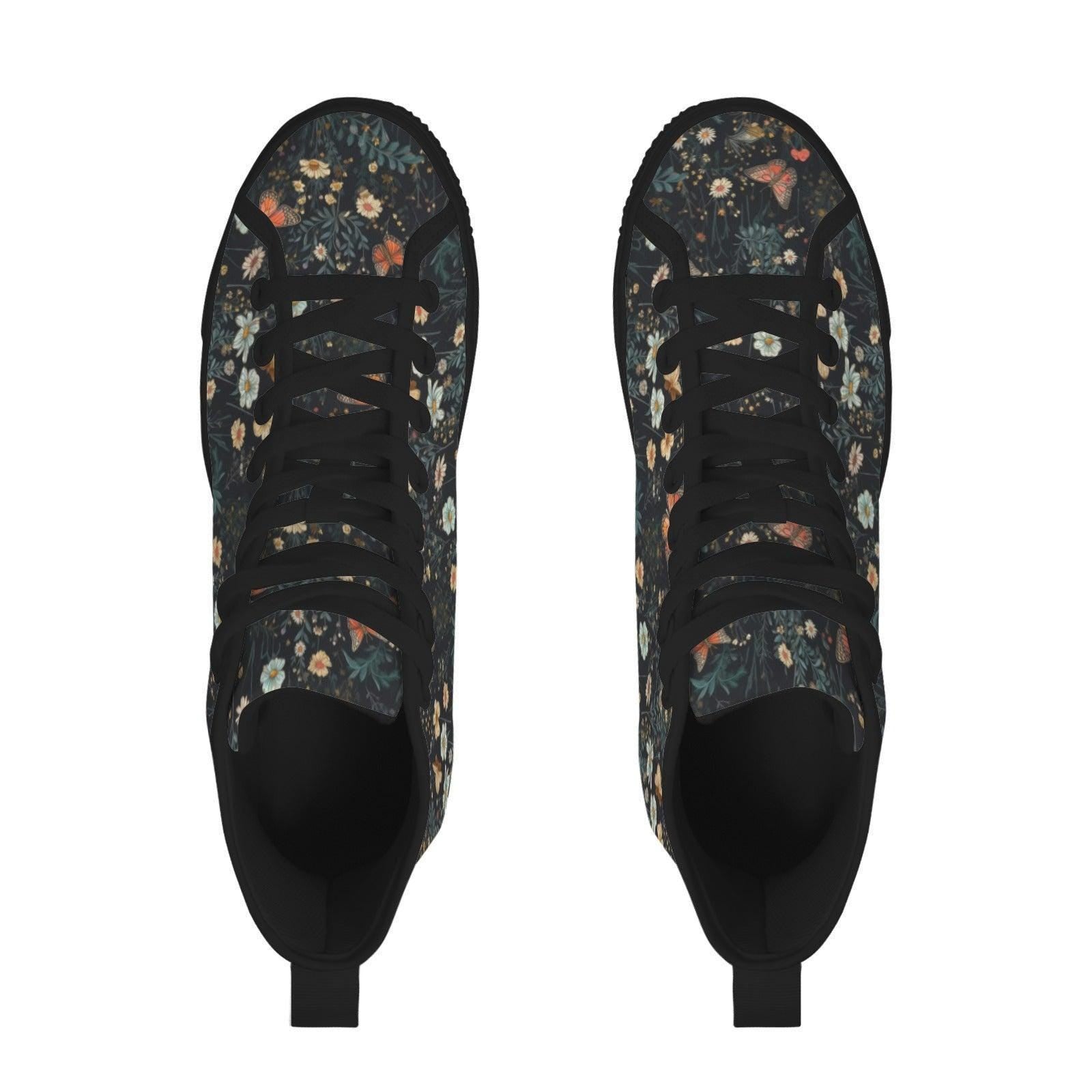Dark Floral Butterfly High Top Sneakers, Cottagecore Botanical Lace Up Shoes