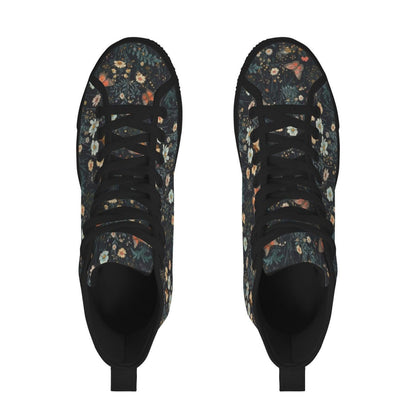 Dark Floral Butterfly High Top Sneakers, Cottagecore Botanical Lace Up Shoes