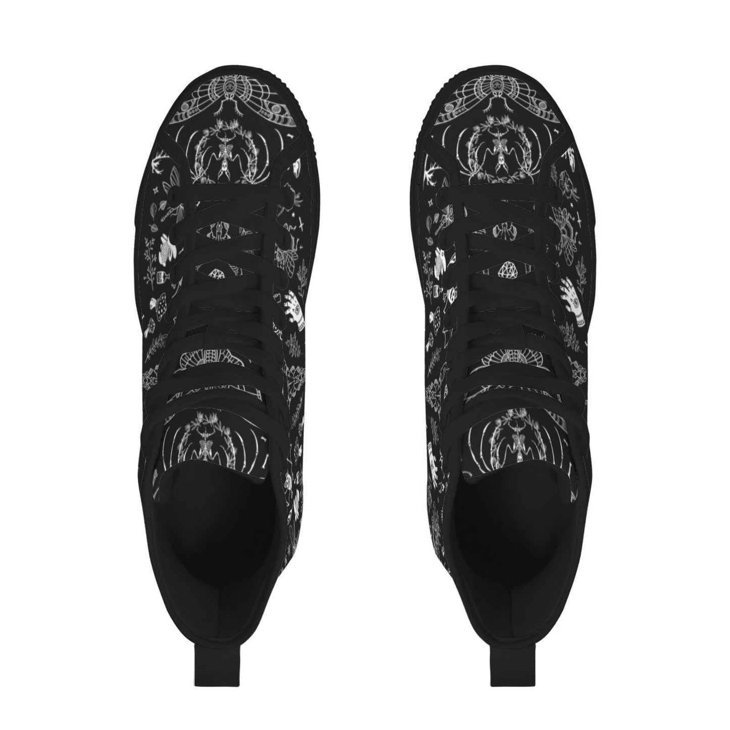 Witchy High Top Sneakers, Black Canvas Shoes with Skull Moth Mushroom Print