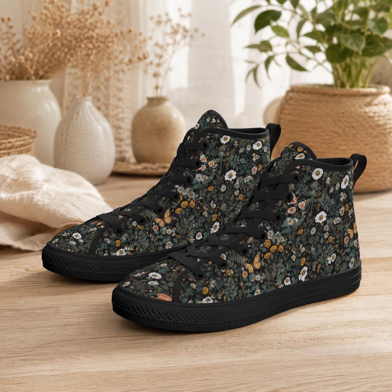 Dark Botanical Wildflower High Top Sneakers, Cottagecore Daisy Floral Canvas Shoes