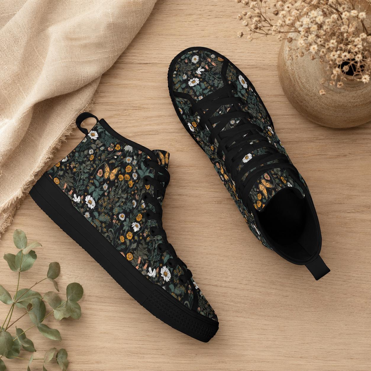 Dark Botanical Wildflower High Top Sneakers, Cottagecore Daisy Floral Canvas Shoes