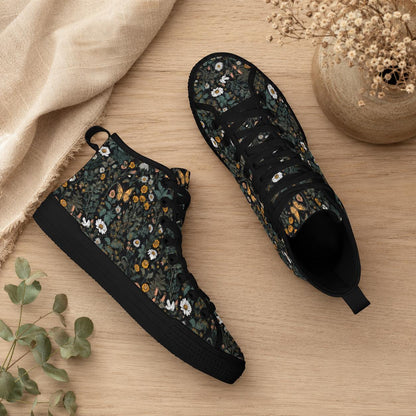 Dark Botanical Wildflower High Top Sneakers, Cottagecore Daisy Floral Canvas Shoes