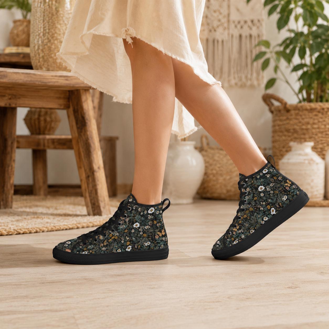 Dark Botanical Wildflower High Top Sneakers, Cottagecore Daisy Floral Canvas Shoes
