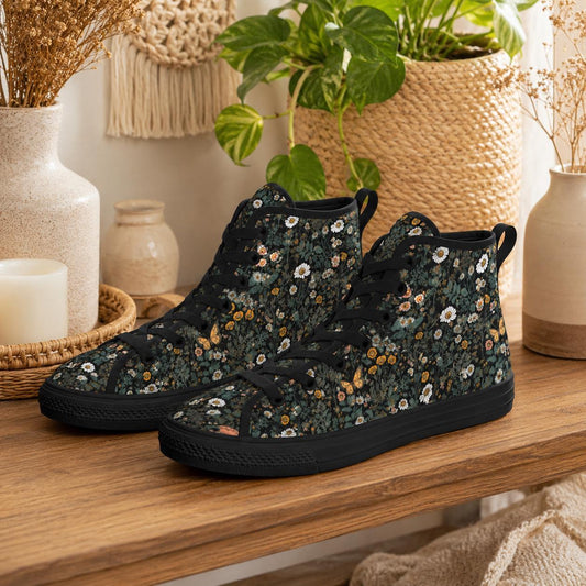 Dark Botanical Wildflower High Top Sneakers, Cottagecore Daisy Floral Canvas Shoes