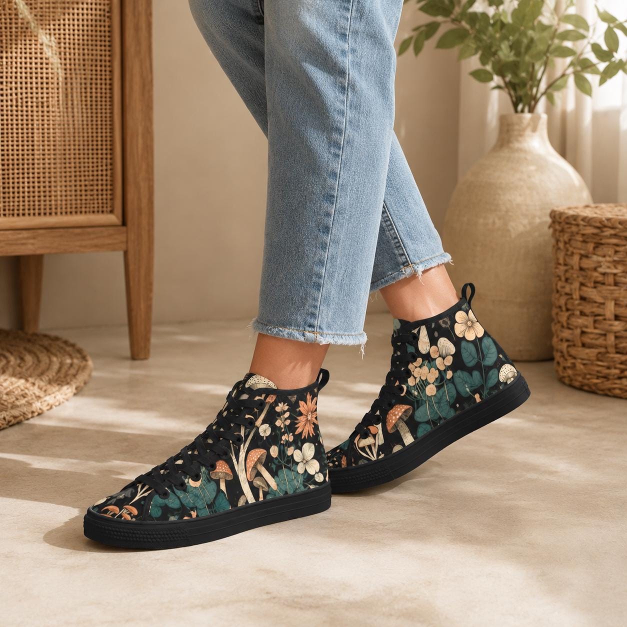 Mushroom High Tops, Black Botanical Floral Print Lace Up Sneakers