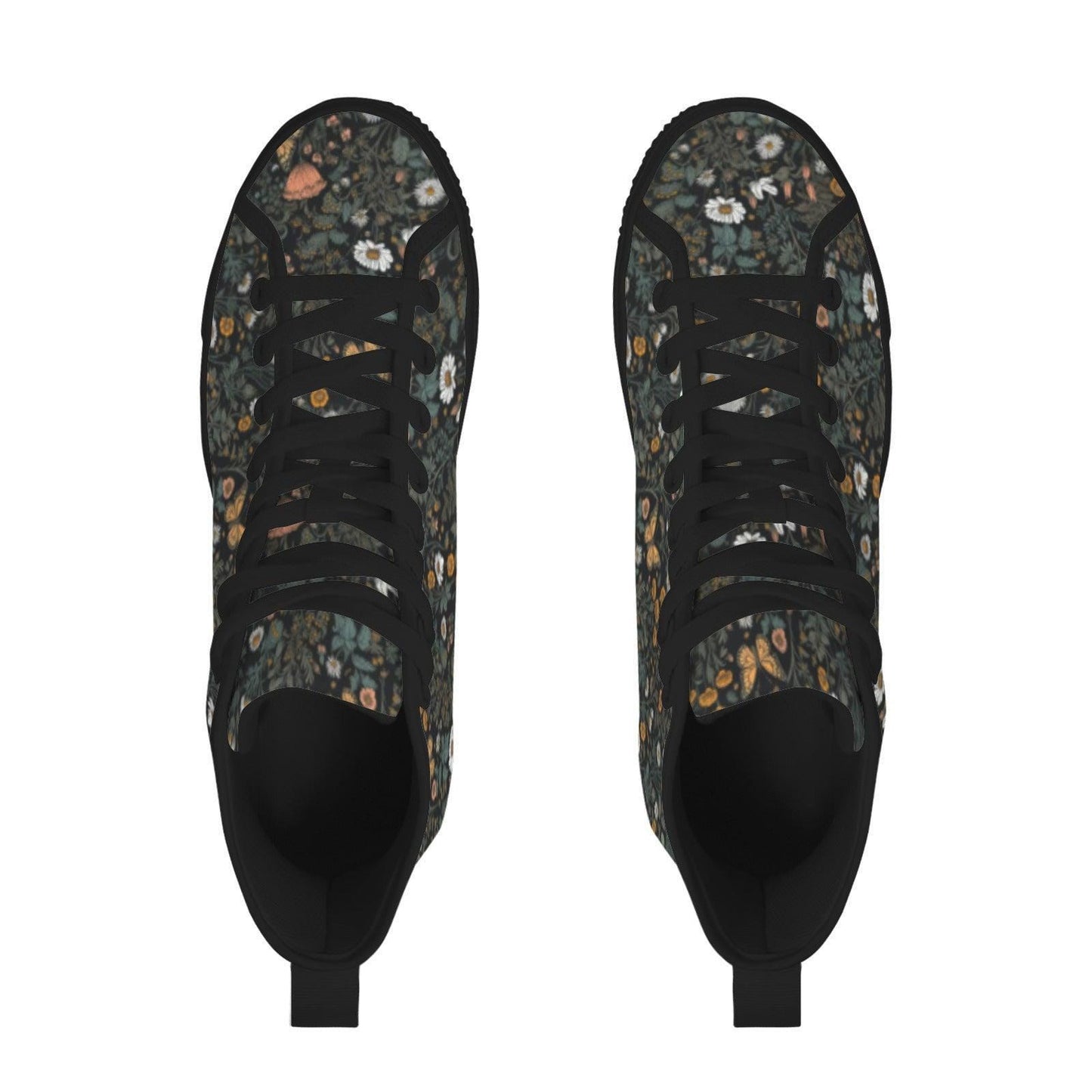 Dark Botanical Wildflower High Top Sneakers, Cottagecore Daisy Floral Canvas Shoes