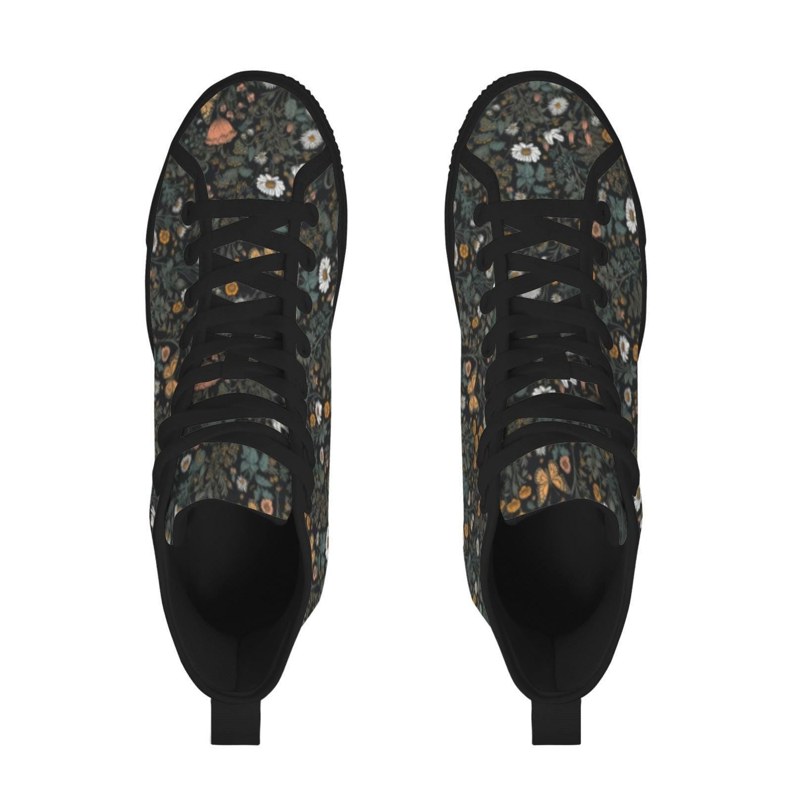 Dark Botanical Wildflower High Top Sneakers, Cottagecore Daisy Floral Canvas Shoes