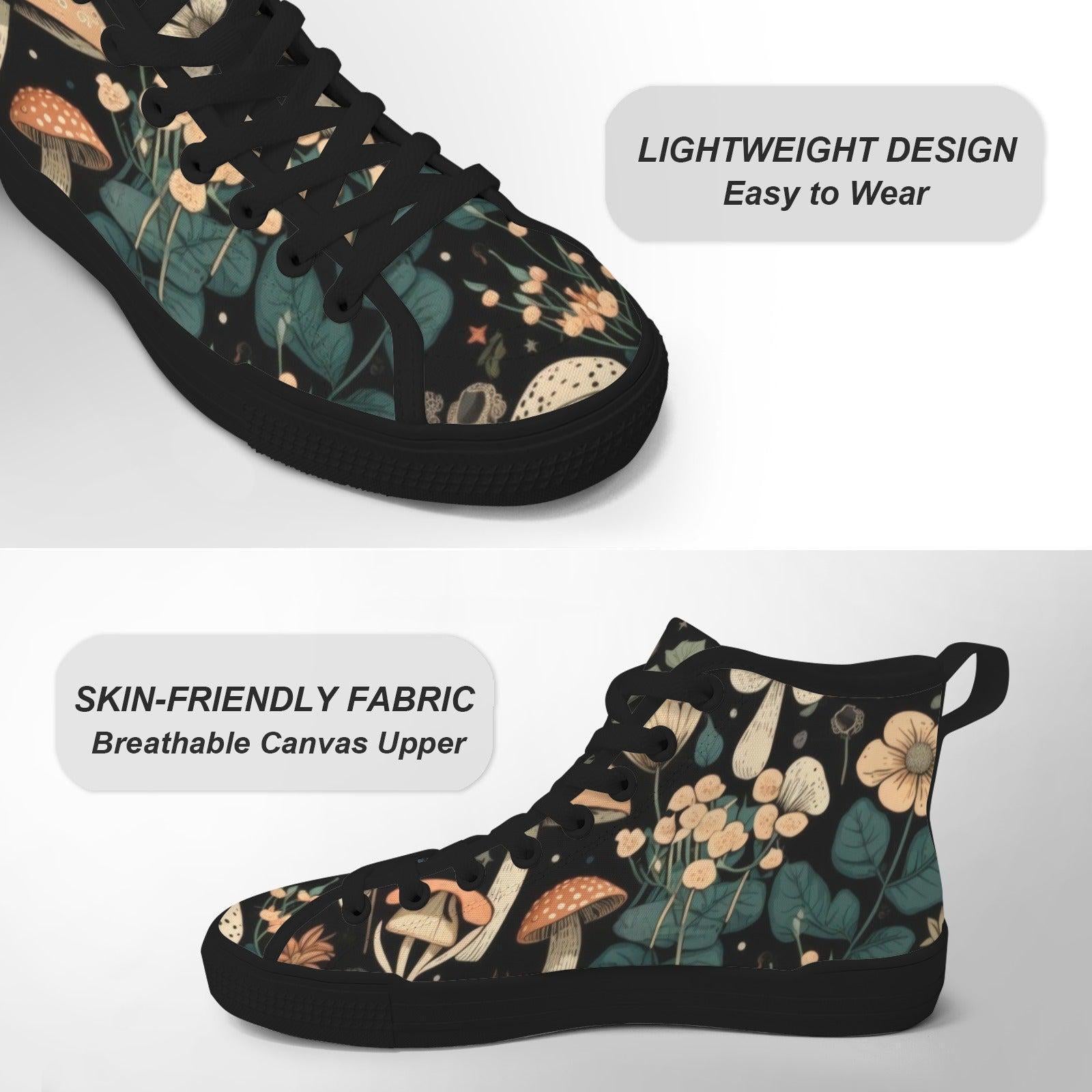 Mushroom High Tops, Black Botanical Floral Print Lace Up Sneakers
