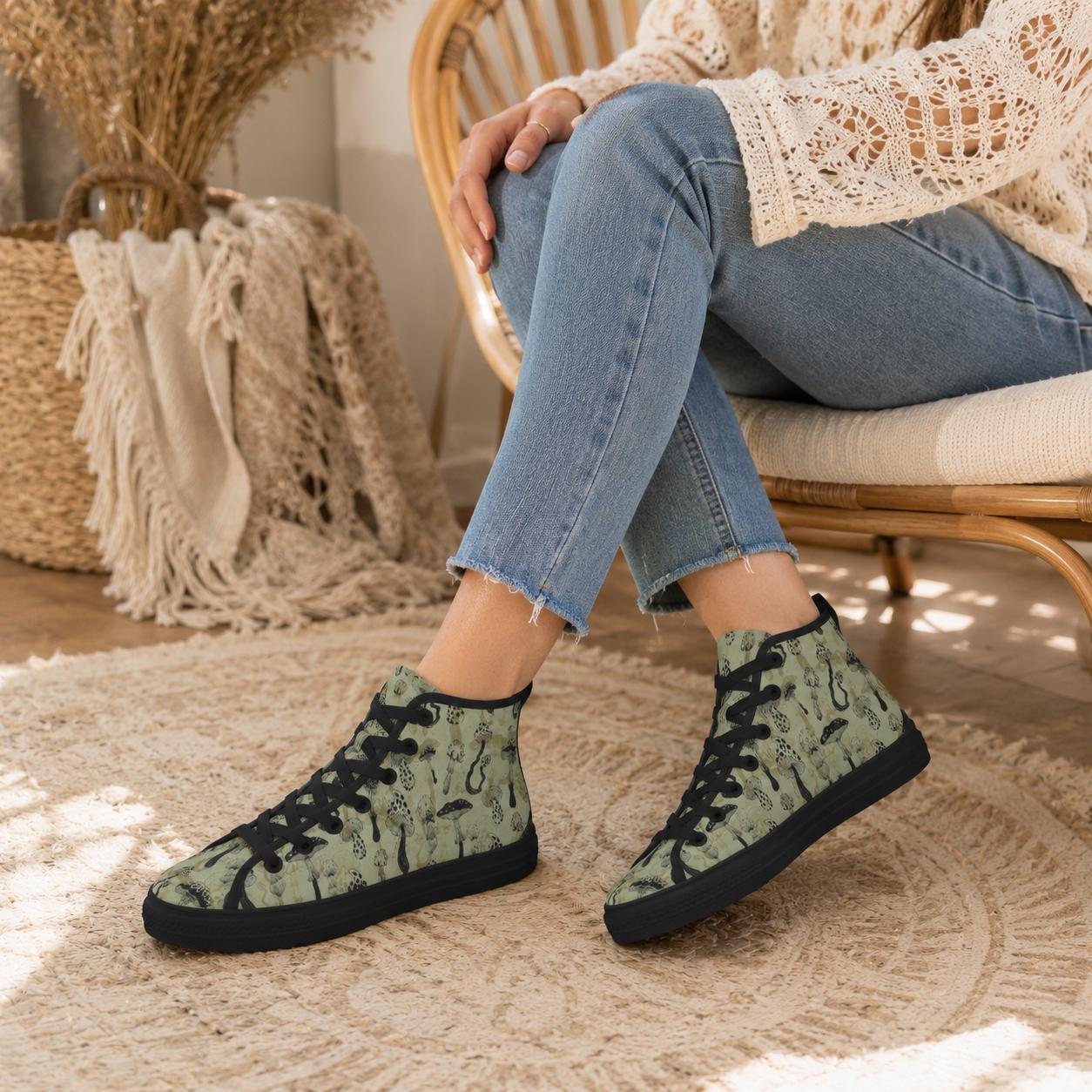 Mushroom Morel Snake Print High Top Sneakers, Sage Green Cottagecore Canvas Shoes