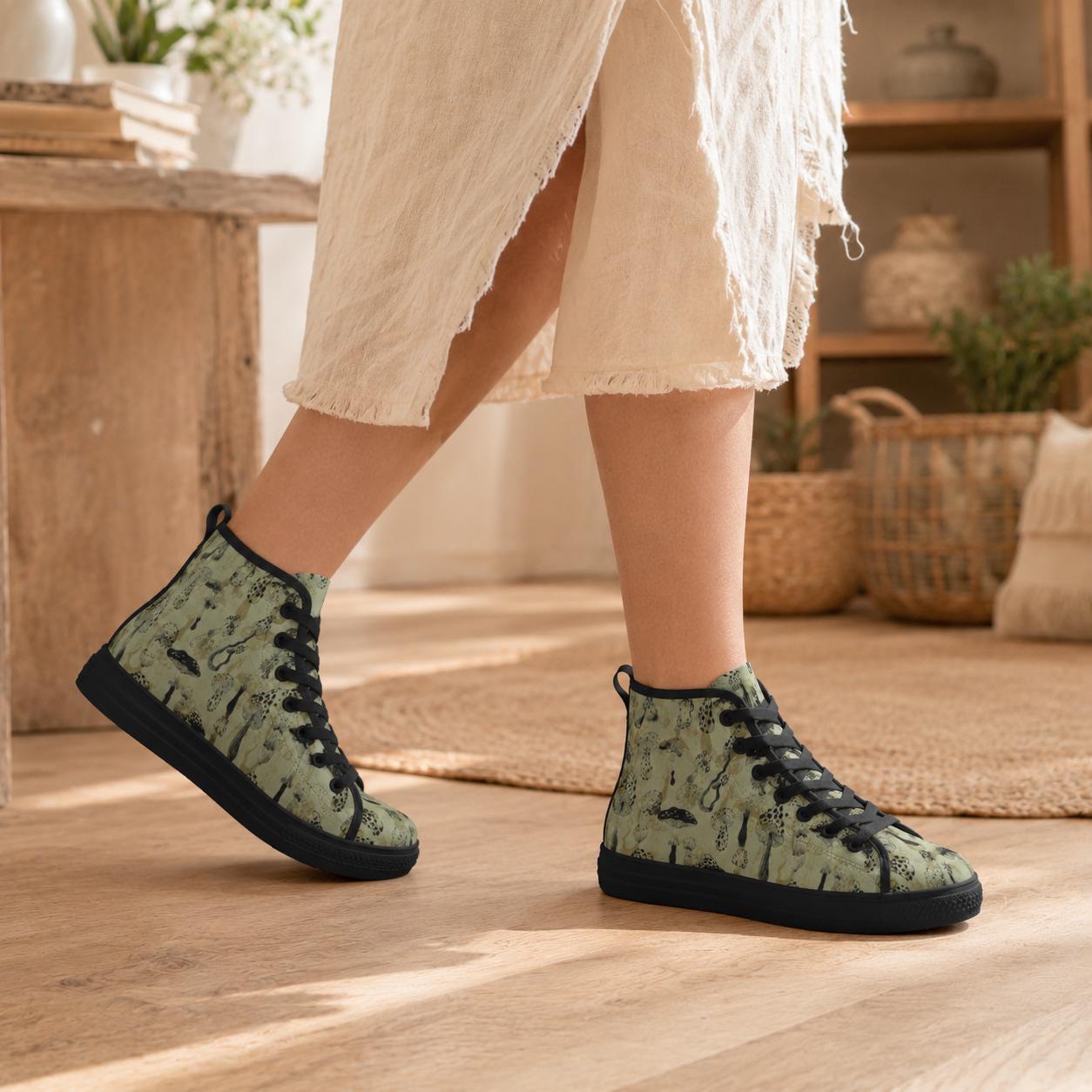 Mushroom Morel Snake Print High Top Sneakers, Sage Green Cottagecore Canvas Shoes