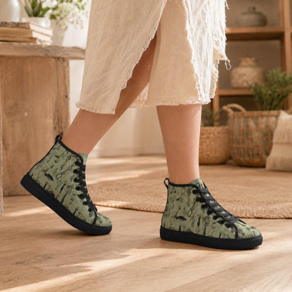 Mushroom Morel Snake Print High Top Sneakers, Sage Green Cottagecore Canvas Shoes