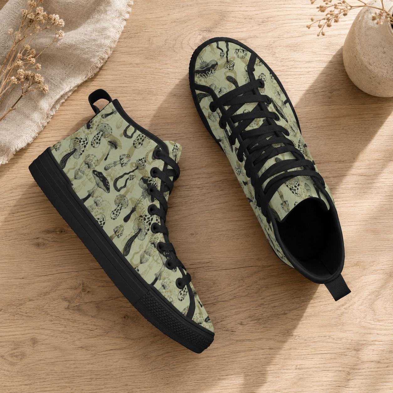 Mushroom Morel Snake Print High Top Sneakers, Sage Green Cottagecore Canvas Shoes
