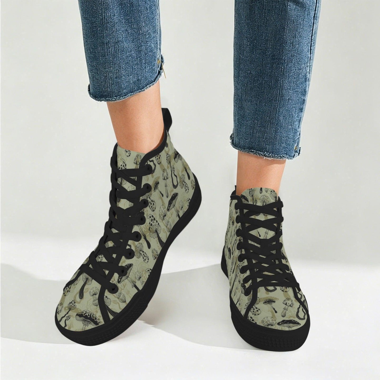 Mushroom Morel Snake Print High Top Sneakers, Sage Green Cottagecore Canvas Shoes