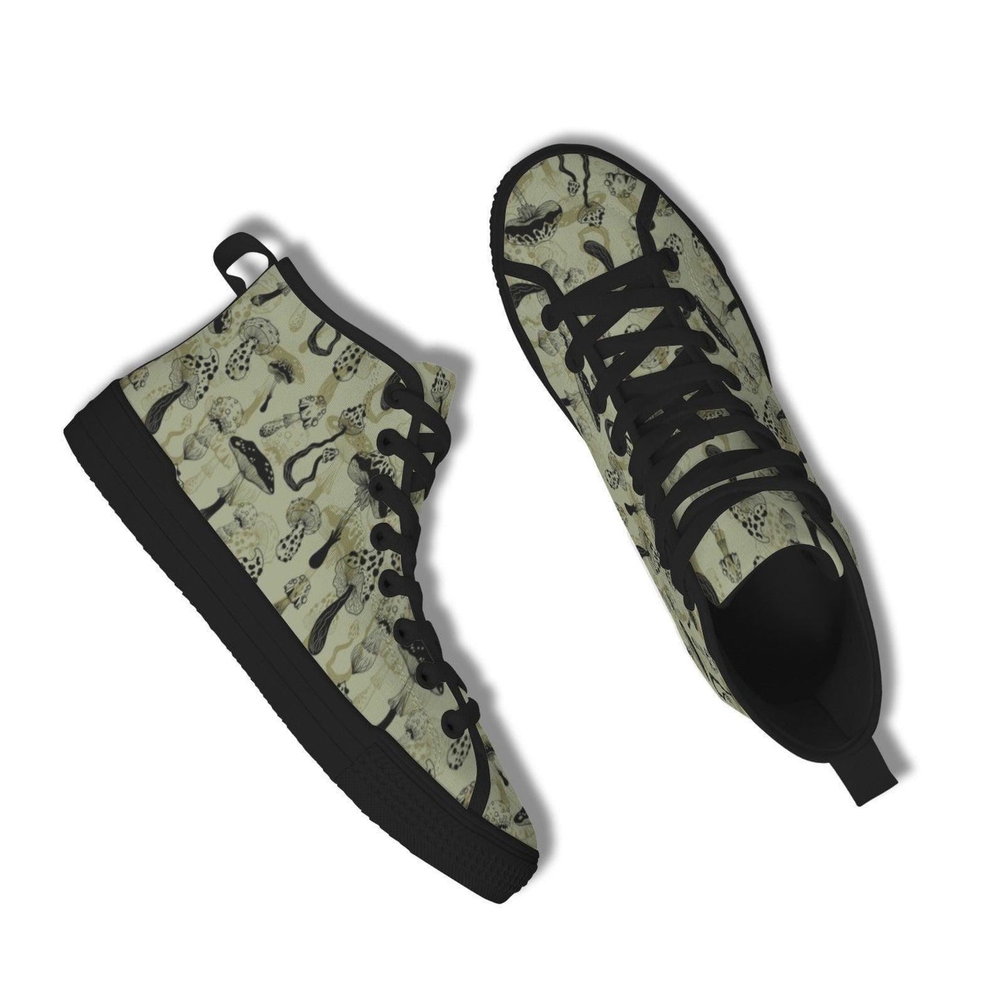 Mushroom Morel Snake Print High Top Sneakers, Sage Green Cottagecore Canvas Shoes